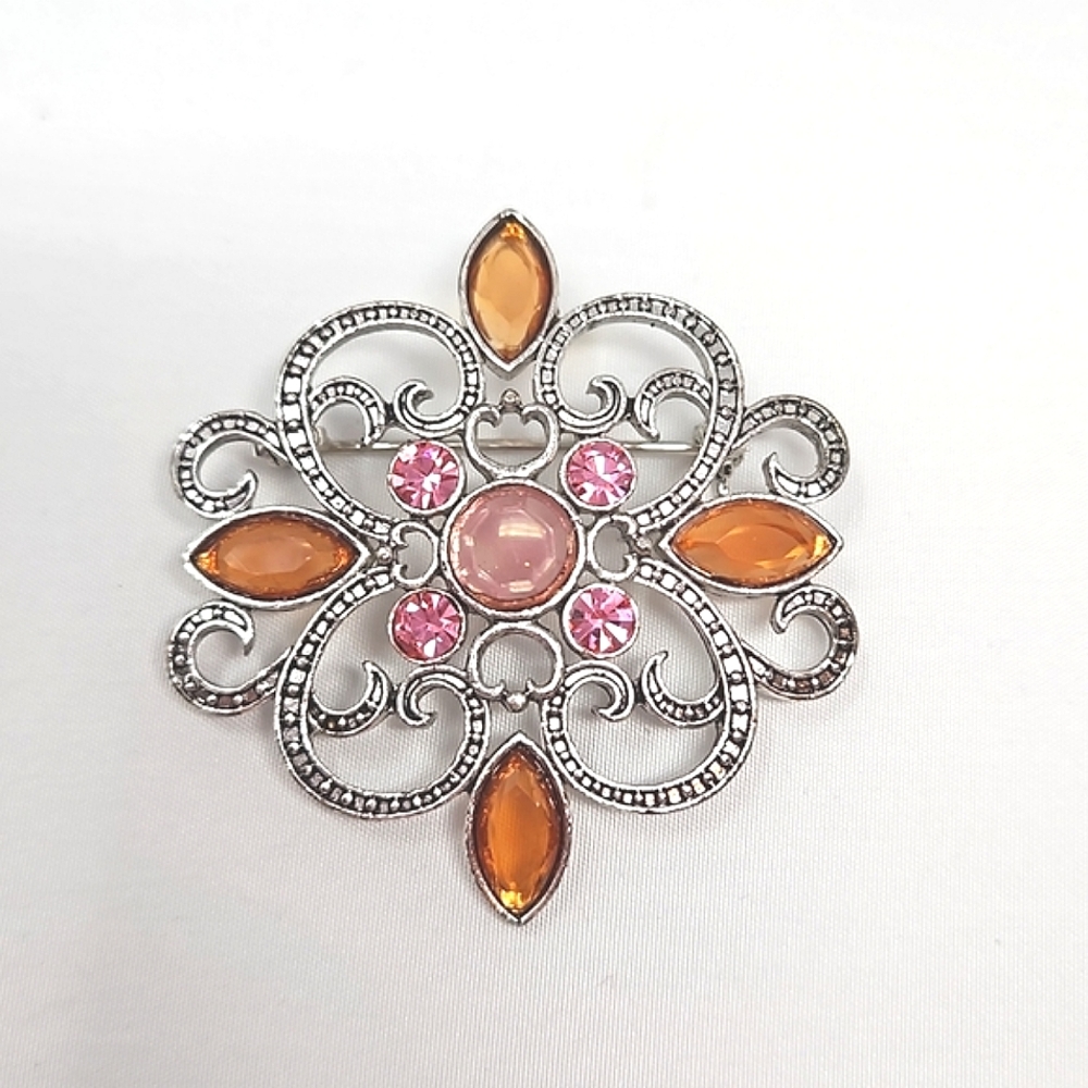 Silver Tone Rhinestone Filigree Style Brooch Pin